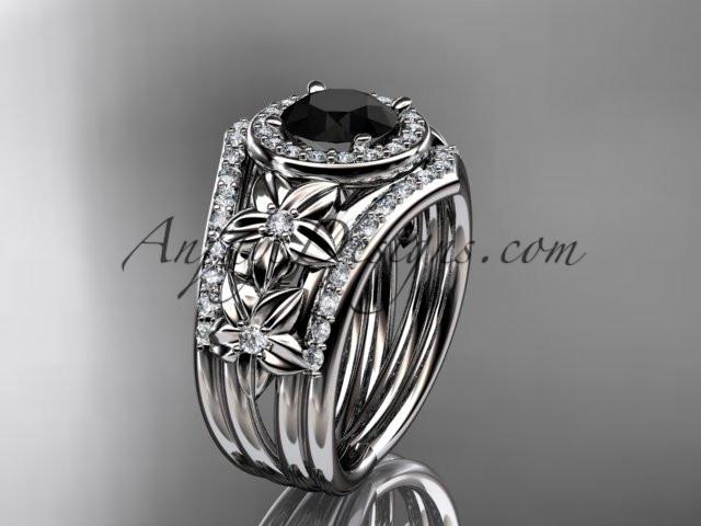 14kt white gold diamond floral wedding ring, engagement ring with a Black Diamond center stone and double matching band ADLR131S - AnjaysDesigns