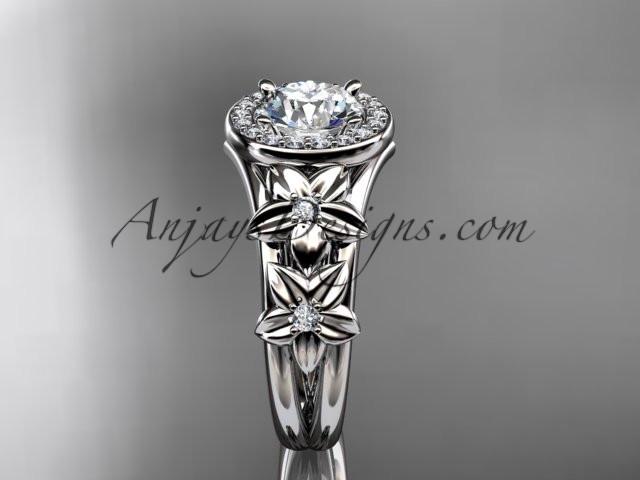 14kt white gold diamond floral wedding ring, engagement ring with a "Forever One" Moissanite center stone ADLR131 - AnjaysDesigns