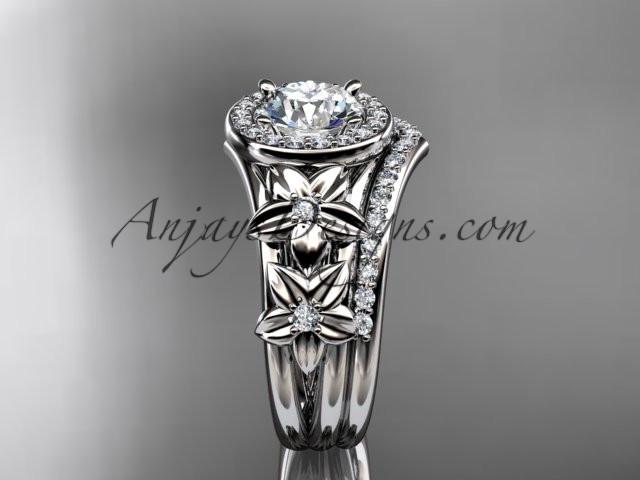 14kt white gold diamond floral wedding ring, engagement set with a "Forever One" Moissanite center stone ADLR131S - AnjaysDesigns