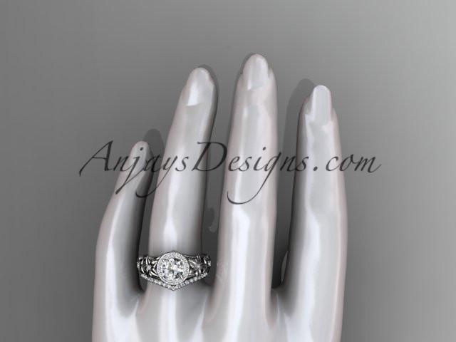 14kt white gold diamond floral wedding ring, engagement set with a "Forever One" Moissanite center stone ADLR131S - AnjaysDesigns