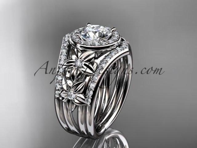 14kt white gold diamond floral wedding ring, engagement ring with a "Forever One" Moissanite center stone and double matching band ADLR131S - AnjaysDesigns