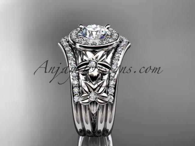 14kt white gold diamond floral wedding ring, engagement ring with a "Forever One" Moissanite center stone and double matching band ADLR131S - AnjaysDesigns