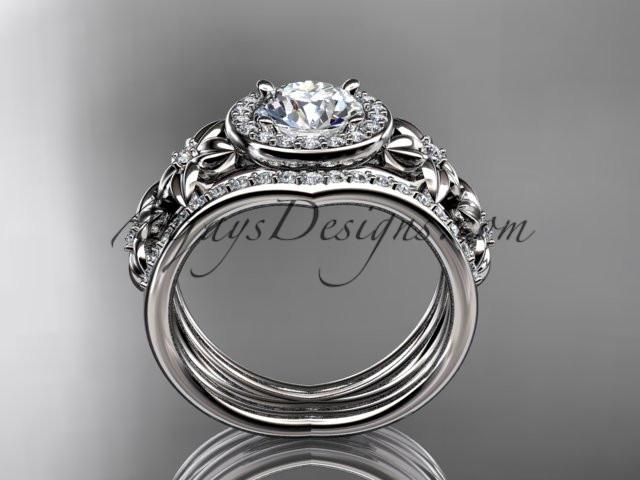 14kt white gold diamond floral wedding ring, engagement ring with double matching band ADLR131S - AnjaysDesigns
