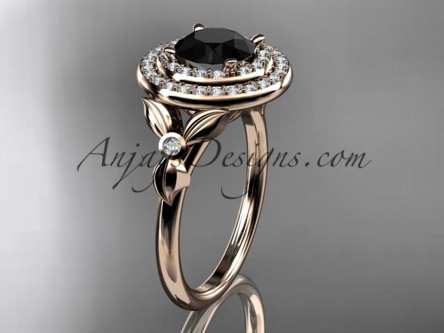 14kt rose gold diamond floral wedding ring, engagement ring with a Black Diamond center stone ADLR133 - AnjaysDesigns