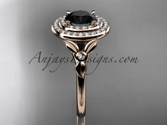 14kt rose gold diamond floral wedding ring, engagement ring with a Black Diamond center stone ADLR133 - AnjaysDesigns