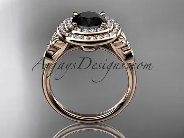 14kt rose gold diamond floral wedding ring, engagement ring with a Black Diamond center stone ADLR133 - AnjaysDesigns