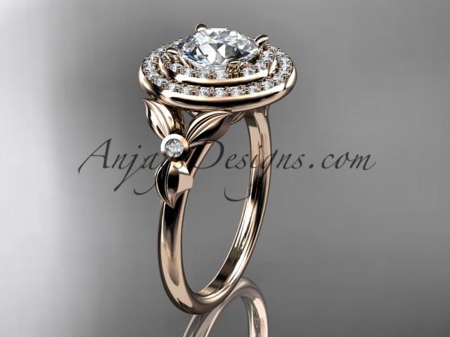 14kt rose gold diamond floral wedding ring, engagement ring with a "Forever One" Moissanite center stone ADLR133 - AnjaysDesigns