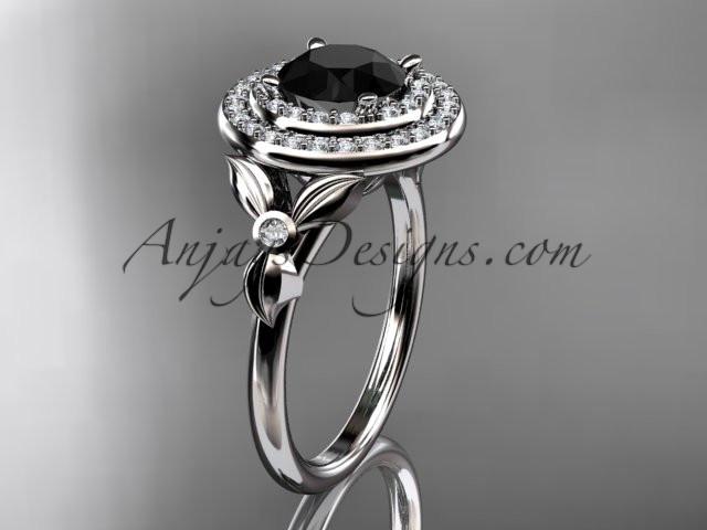 14kt white gold diamond floral wedding ring, engagement ring with a Black Diamond center stone ADLR133 - AnjaysDesigns