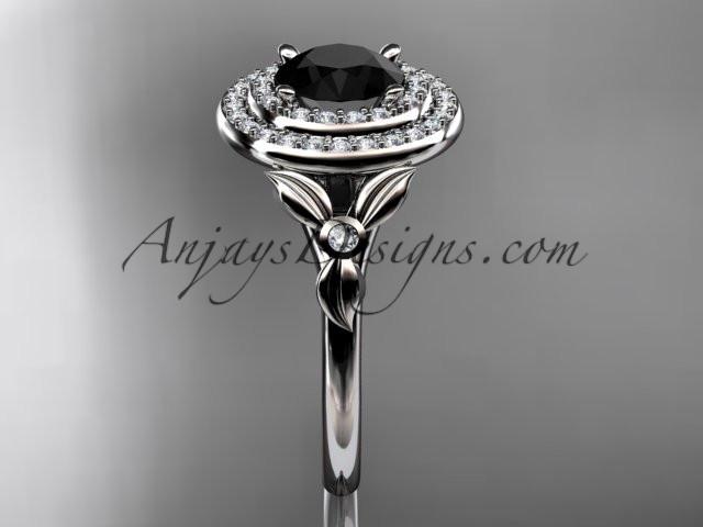 14kt white gold diamond floral wedding ring, engagement ring with a Black Diamond center stone ADLR133 - AnjaysDesigns