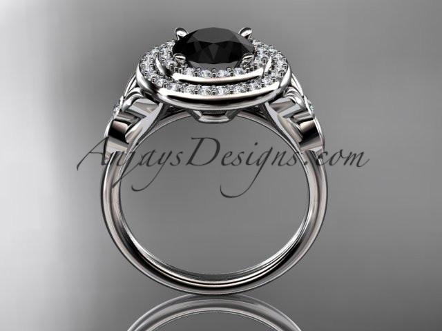14kt white gold diamond floral wedding ring, engagement ring with a Black Diamond center stone ADLR133 - AnjaysDesigns