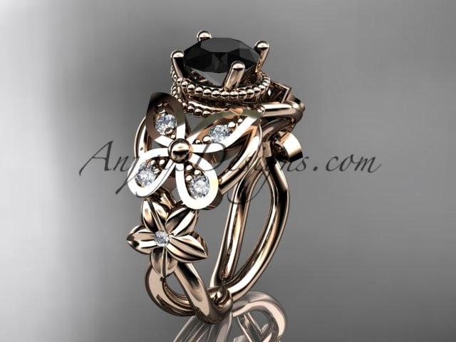 14kt rose gold diamond floral, butterfly wedding ring, engagement ring with a Black Diamond center stone ADLR136 - AnjaysDesigns