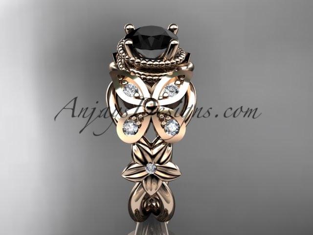 14kt rose gold diamond floral, butterfly wedding ring, engagement ring with a Black Diamond center stone ADLR136 - AnjaysDesigns