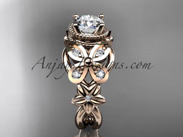 14kt rose gold diamond floral, butterfly wedding ring, engagement ring with a "Forever One" Moissanite center stone ADLR136 - AnjaysDesigns