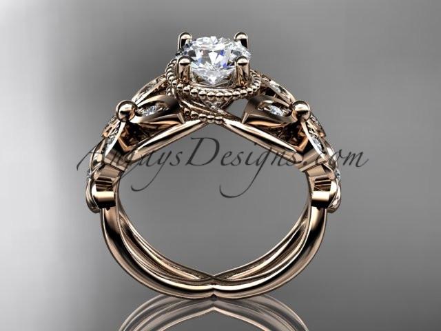 14kt rose gold diamond floral, butterfly wedding ring, engagement ring with a "Forever One" Moissanite center stone ADLR136 - AnjaysDesigns