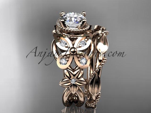14kt rose gold diamond floral, butterfly wedding ring, engagement set with a "Forever One" Moissanite center stone ADLR136S - AnjaysDesigns