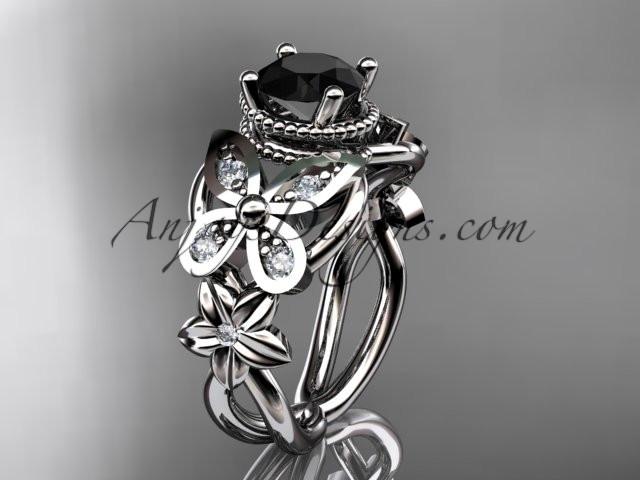 14kt white gold diamond floral, butterfly wedding ring, engagement ring with a Black Diamond center stone ADLR136 - AnjaysDesigns