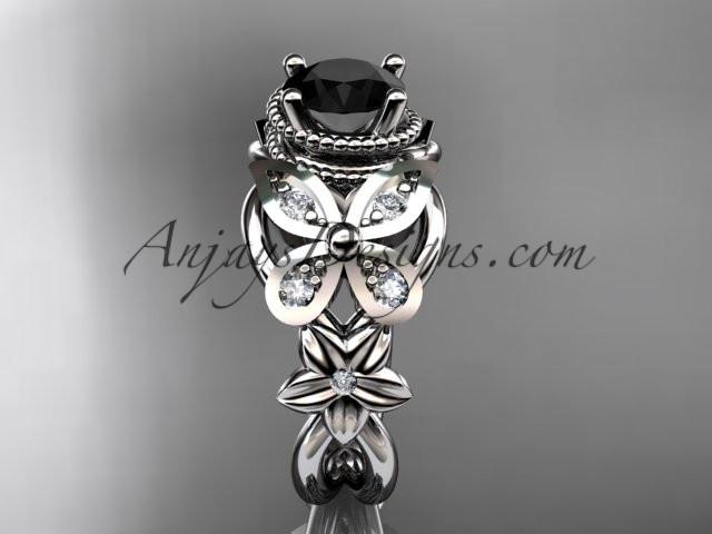 14kt white gold diamond floral, butterfly wedding ring, engagement ring with a Black Diamond center stone ADLR136 - AnjaysDesigns
