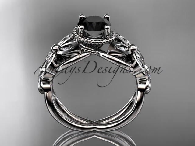 14kt white gold diamond floral, butterfly wedding ring, engagement ring with a Black Diamond center stone ADLR136 - AnjaysDesigns
