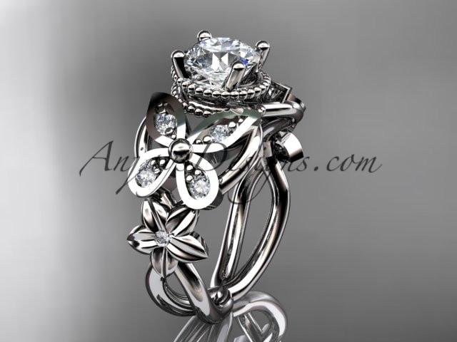 14kt white gold diamond floral, butterfly wedding ring, engagement ring with a "Forever One" Moissanite center stone ADLR136 - AnjaysDesigns