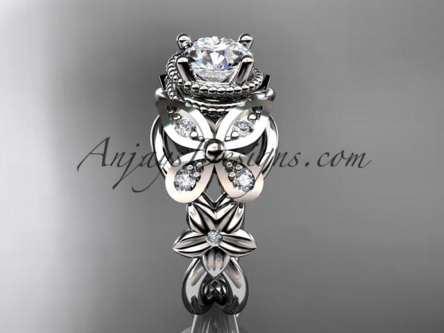 14kt white gold diamond floral, butterfly wedding ring, engagement ring with a "Forever One" Moissanite center stone ADLR136 - AnjaysDesigns