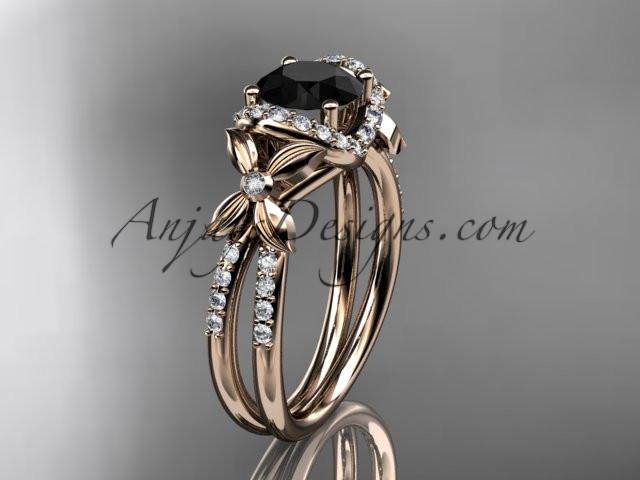 14kt rose gold diamond floral wedding ring, engagement ring with a Black Diamond center stone ADLR140 - AnjaysDesigns