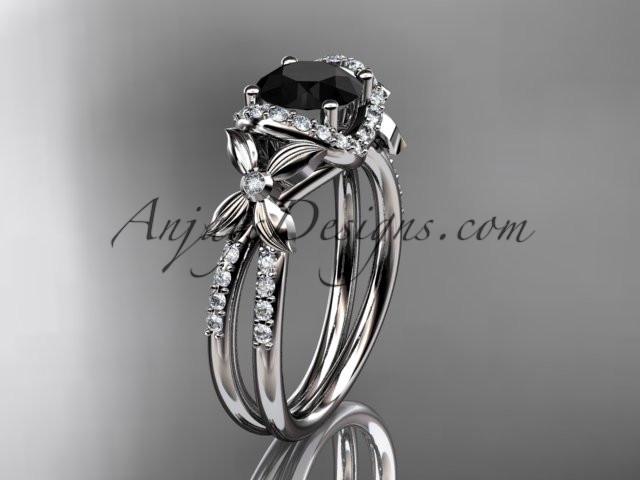 14kt white gold diamond floral wedding ring, engagement ring with a Black Diamond center stone ADLR140 - AnjaysDesigns