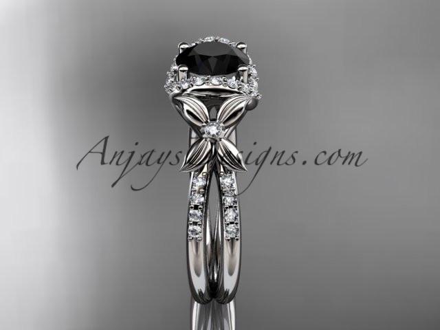 14kt white gold diamond floral wedding ring, engagement ring with a Black Diamond center stone ADLR140 - AnjaysDesigns