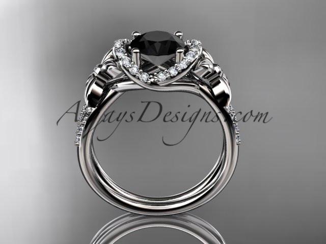 14kt white gold diamond floral wedding ring, engagement ring with a Black Diamond center stone ADLR140 - AnjaysDesigns
