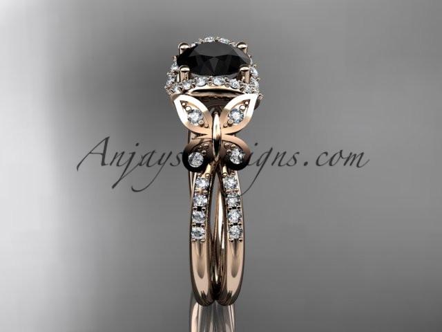 14kt rose gold diamond butterfly wedding ring, engagement ring with a Black Diamond center stone ADLR141 - AnjaysDesigns