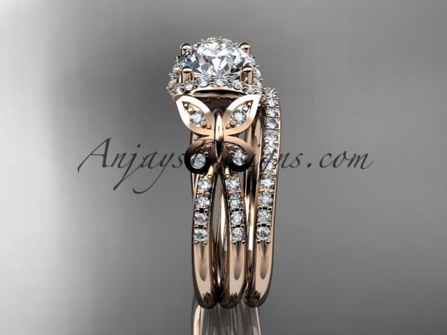 14kt rose gold diamond butterfly wedding ring, engagement set with a "Forever One" Moissanite center stone ADLR141S - AnjaysDesigns