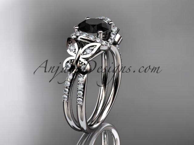 14kt white gold diamond butterfly wedding ring, engagement ring with a Black Diamond center stone ADLR141 - AnjaysDesigns