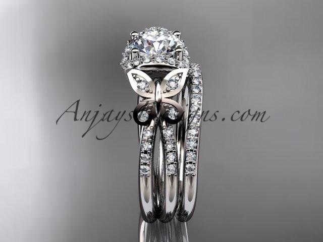 14kt white gold diamond butterfly wedding ring, engagement set with a "Forever One" Moissanite center stone ADLR141S - AnjaysDesigns