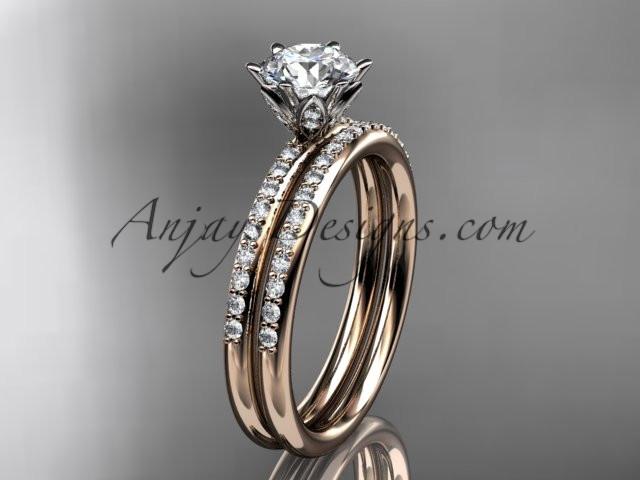 14kt rose gold diamond unique engagement set, wedding ring with a "Forever One" Moissanite center stone ADER145S - AnjaysDesigns