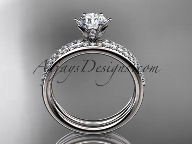 Platinum diamond unique engagement set, wedding ring with a "Forever One" Moissanite center stone ADER145S - AnjaysDesigns