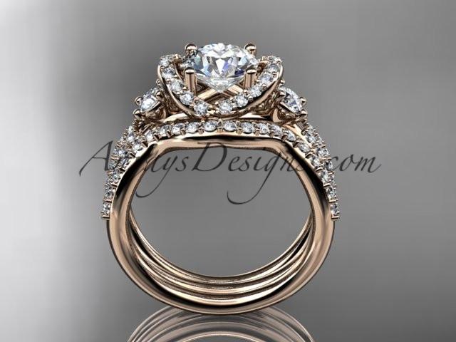 14kt rose gold diamond unique engagement set, wedding ring with a "Forever One" Moissanite center stone ADER146S - AnjaysDesigns