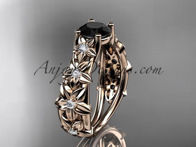 14kt rose gold diamond floral wedding ring, engagement ring with a Black Diamond center stone ADLR149 - AnjaysDesigns