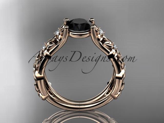 14kt rose gold diamond floral wedding ring, engagement ring with a Black Diamond center stone ADLR149 - AnjaysDesigns
