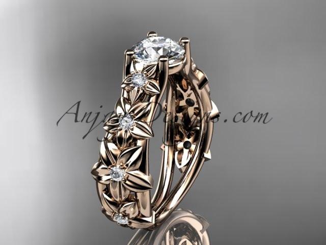 14kt rose gold diamond floral wedding ring, engagement ring with a "Forever One" Moissanite center stone ADLR149 - AnjaysDesigns