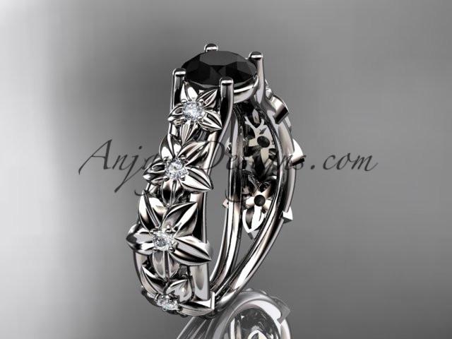 14kt white gold diamond floral wedding ring, engagement ring with a Black Diamond center stone ADLR149 - AnjaysDesigns