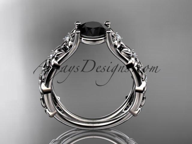 14kt white gold diamond floral wedding ring, engagement ring with a Black Diamond center stone ADLR149 - AnjaysDesigns