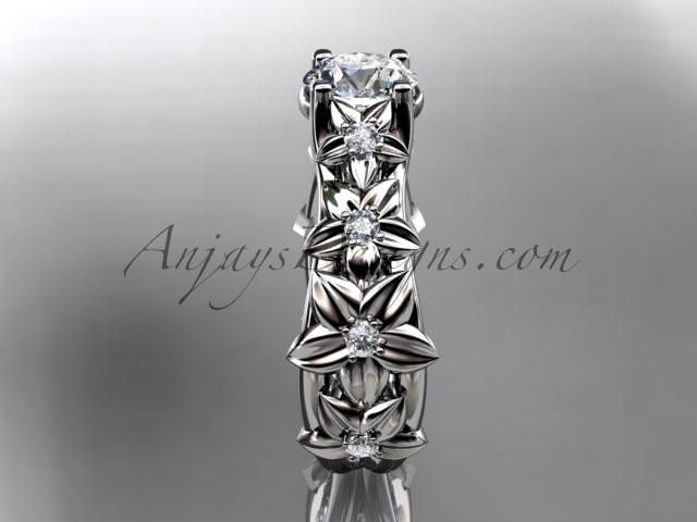 14kt white gold diamond floral wedding ring, engagement ring with a "Forever One" Moissanite center stone ADLR149 - AnjaysDesigns