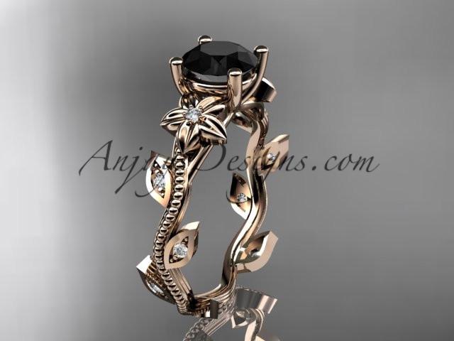 14kt rose gold diamond leaf and vine wedding ring,engagement ring with a Black Diamond center stone ADLR151 - AnjaysDesigns