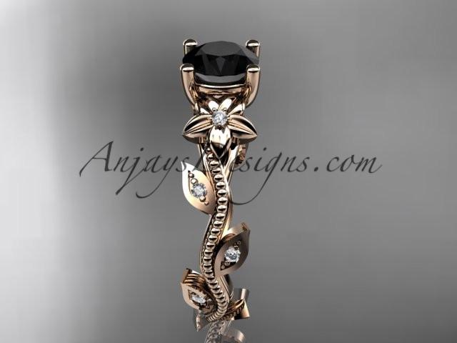14kt rose gold diamond leaf and vine wedding ring,engagement ring with a Black Diamond center stone ADLR151 - AnjaysDesigns
