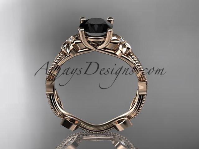 14kt rose gold diamond leaf and vine wedding ring,engagement ring with a Black Diamond center stone ADLR151 - AnjaysDesigns
