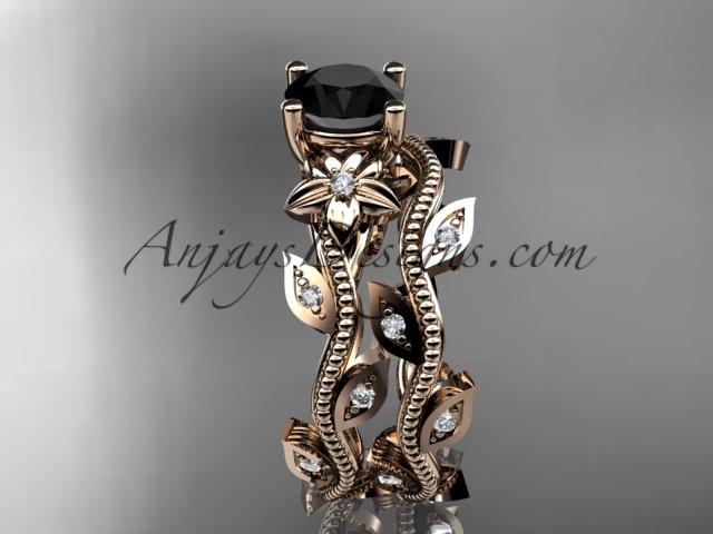 14k rose gold diamond leaf and vine wedding ring, engagement ring, engagement set with a Black Diamond center stone ADLR151S - AnjaysDesigns