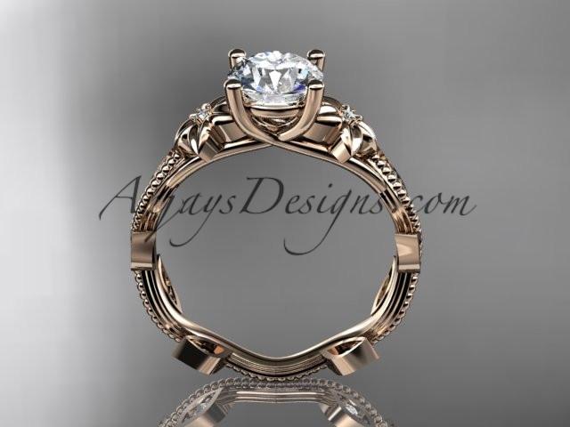 14kt rose gold diamond leaf and vine wedding ring,engagement ring with a "Forever One" Moissanite center stone ADLR151. nature inspired jewelry - AnjaysDesigns