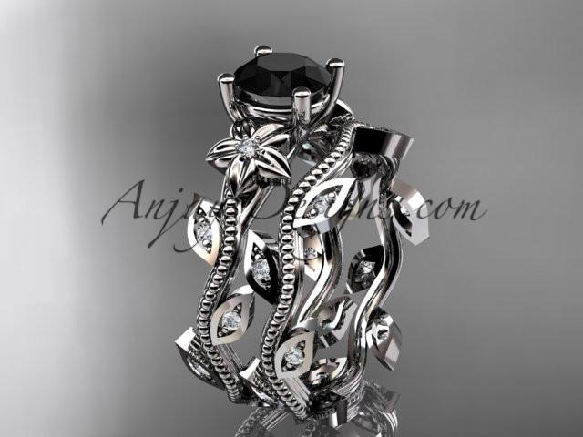 platinum diamond leaf and vine wedding ring, engagement ring, engagement set with a Black Diamond center stone ADLR151S - AnjaysDesigns