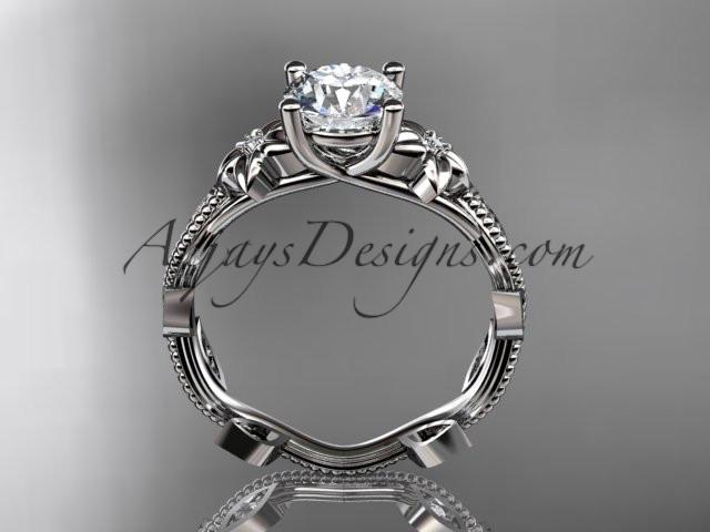 Platinum diamond leaf and vine wedding ring,engagement ring with a "Forever One" Moissanite center stone ADLR151. nature inspired jewelry - AnjaysDesigns