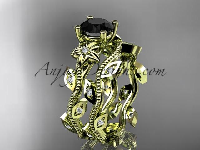 14k yellow gold diamond leaf and vine wedding ring, engagement ring, engagement set with a Black Diamond center stone ADLR151S - AnjaysDesigns