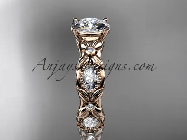 14kt rose gold diamond leaf and vine wedding ring, engagement ring with a "Forever One" Moissanite center stone ADLR152 - AnjaysDesigns
